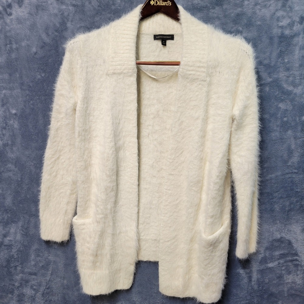 Banana Republic Ivory Fuzzy Eyelash Cardigan Sweater Open‎ Front Pockets Size M